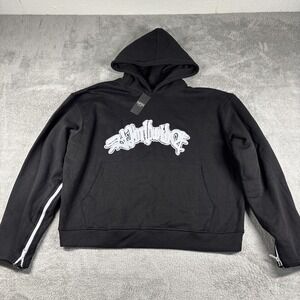 NWT Boohooman Men's Oversized Boxy Applique Worldwide Hoodie Black SIze Small